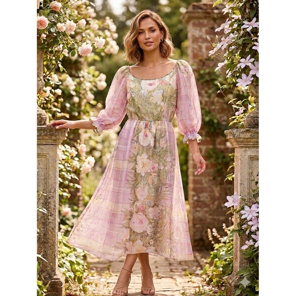 Diane Dickinson Gentillesse Silk Dress Womens Petite Pink Floral Vintage Midi